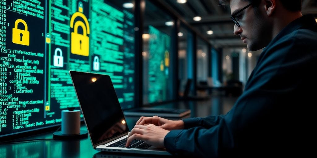 Cybersecurity professional working on laptop with digital elements.