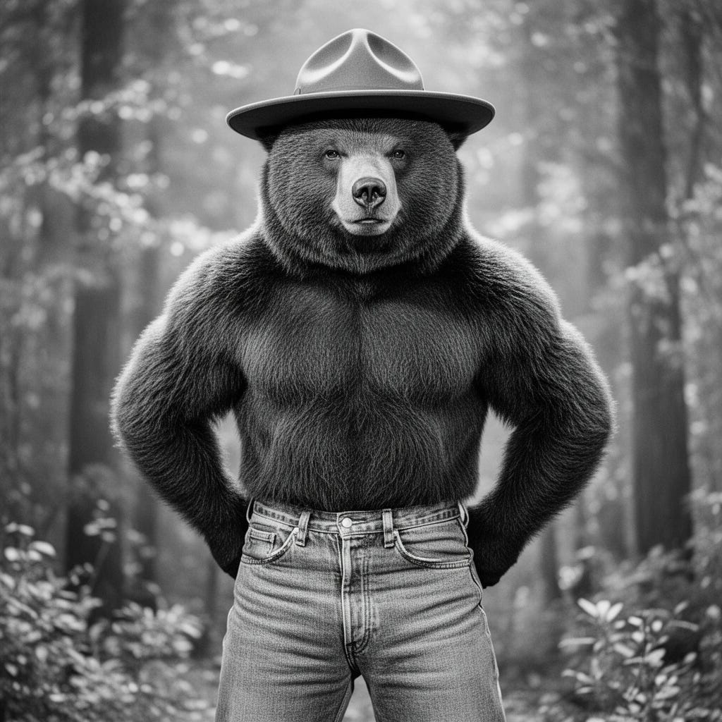 Smoky Bear wearing round hat blue jeans and no shirt in black and white photograph