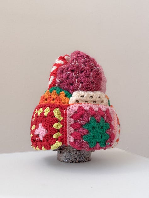 Red and pink granny crochet patchwork beanie