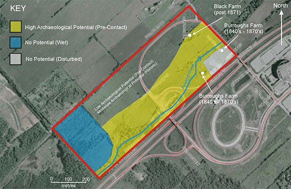 This maps shows areas with high and potential of pre-contact archeological artificats on the Tanger Outlet site.