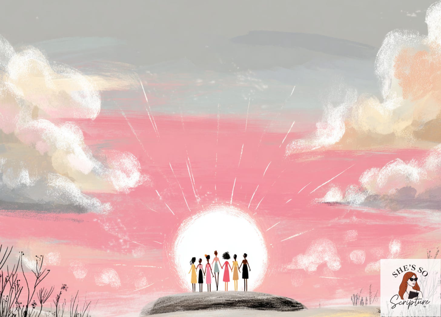 Illustration of a group of people holding hands in front of a shining sun representing the remnant Illustration of a group of people holding hands in front of a shining sun representing the remnant