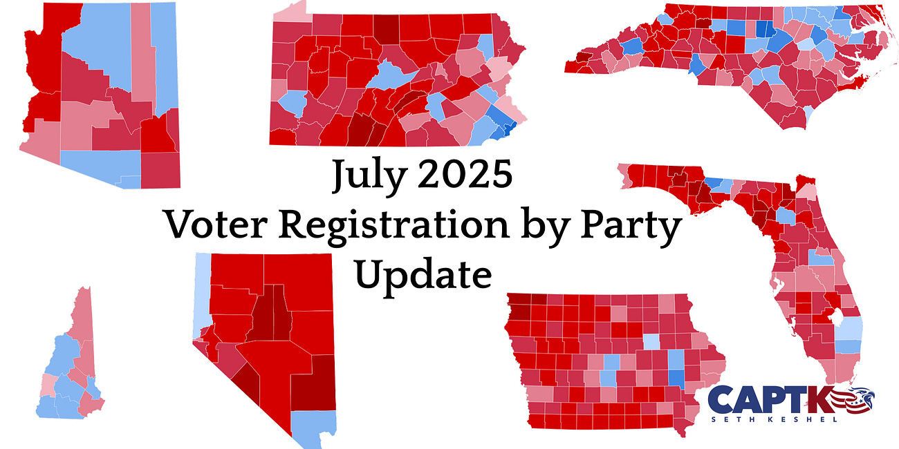 July 2025 Voter Registration by Party Updates for Key 2026 and 2028 Battlegrounds
