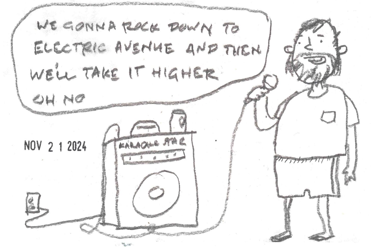 cartoon of man singing "Electric Avenue" at karaoke, by David Rhoden cartoon of man singing "Electric Avenue" at karaoke, by David Rhoden