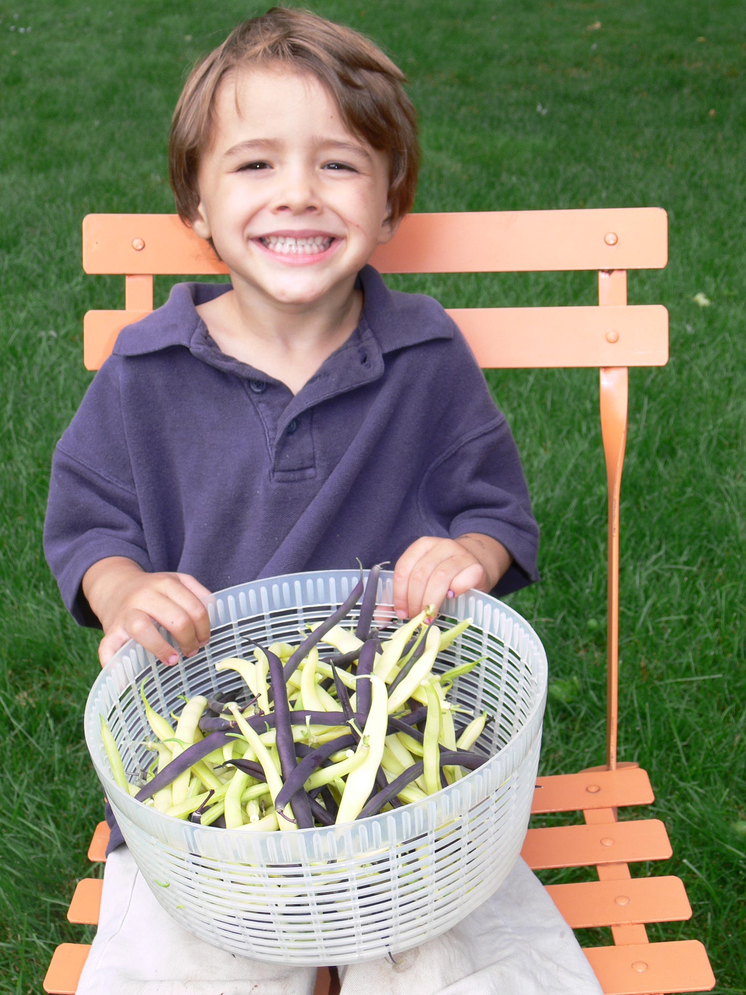a boy holding a bowl of just-picked beans
