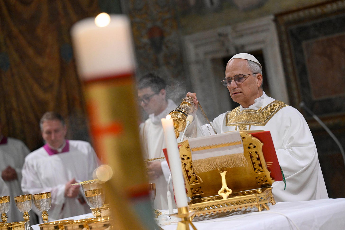 Cardinal Robert Francis Prevost presides over his first Holy Mass as Pope Leo XIV with cardinals in the Sistine Chapel at the conclusion of the Conclave on May 9, 2025.