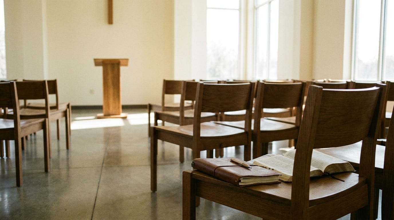 An empty church sanctuary in bright morning light, with a closed notebook, a pen and an open Bible resting on a chair in the foreground