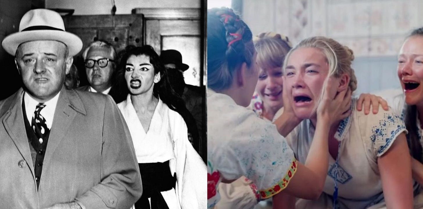 Left: Maria Callas is served with papers while still in costume for Madama Butterfly. Right: Florence Pugh as Dani has a cry in Midsommar.