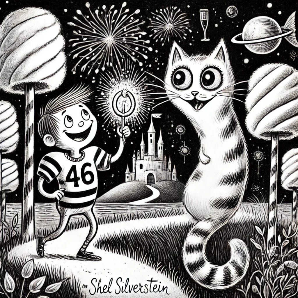 A whimsical, hand-drawn black-and-white illustration in the style of Shel Silverstein. A joyful adventurer, wearing a football jersey, stands on a winding path. In one hand, he holds a shining ring, and in the other, he reaches for a mysterious, cat-like fish with big, expressive eyes. Surrounding them are fantastical elements: marshmallow trees, a champagne waterfall, and a castle in the distance with a protective moat. The mood is playful, poetic, and filled with love.