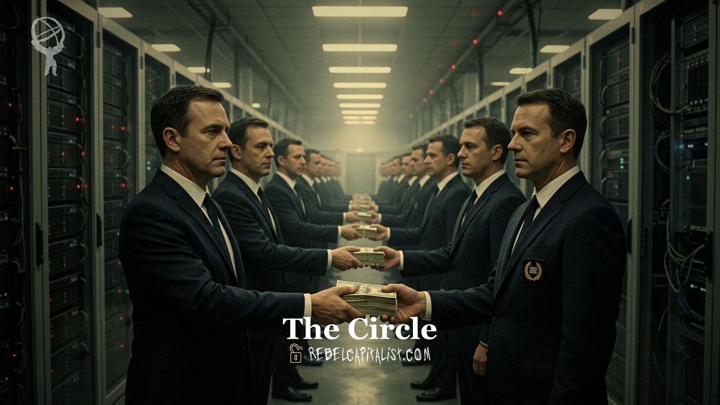 Identical suited businessmen passing money in server room titled The Circle Identical suited businessmen passing money in server room titled The Circle