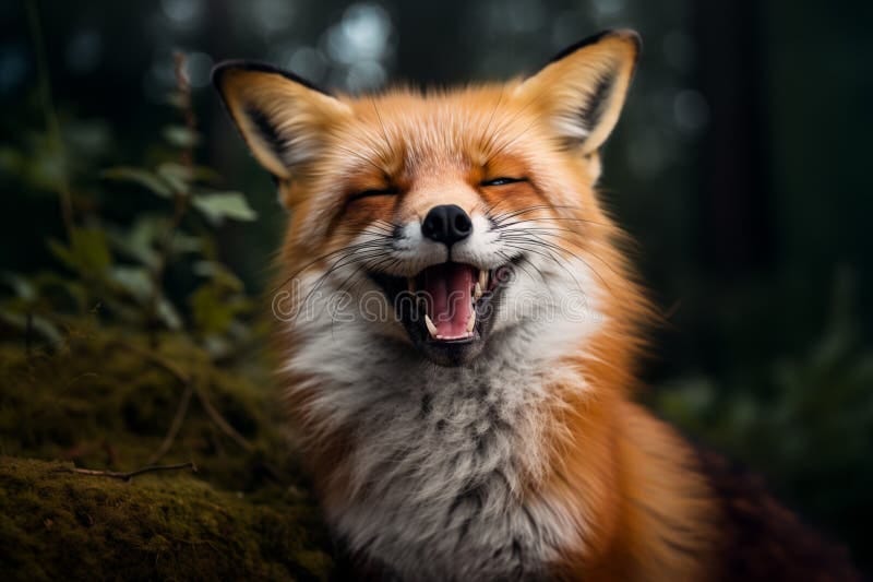 Joyful red fox laughing in a lush forest setting. This delightful image showcases a red fox appearing to laugh, with its mouth wide open, capturing a rare and amusing expression. The fox's vibrant orange fur stands out amidst the soft-focus greenery of a forest habitat, adding life and warmth to the photo. The blurred background with hints of bokeh effect emphasizes the animal's facial expression, creating a strong focal point. Such images are often sought after for their unique portrayal of animal behavior that resonates with human emotions, providing a sense of connection to the wild. The creation of this image with AI technology allows for an intimate glimpse into the lighter side of nature, presenting a scene that might not be commonly observed in the wild. Joyful red fox laughing in a lush forest setting. This delightful image showcases a red fox appearing to laugh, with its mouth wide open, capturing a rare and amusing expression. The fox's vibrant orange fur stands out amidst the soft-focus greenery of a forest habitat, adding life and warmth to the photo. The blurred background with hints of bokeh effect emphasizes the animal's facial expression, creating a strong focal point. Such images are often sought after for their unique portrayal of animal behavior that resonates with human emotions, providing a sense of connection to the wild. The creation of this image with AI technology allows for an intimate glimpse into the lighter side of nature, presenting a scene that might not be commonly observed in the wild.