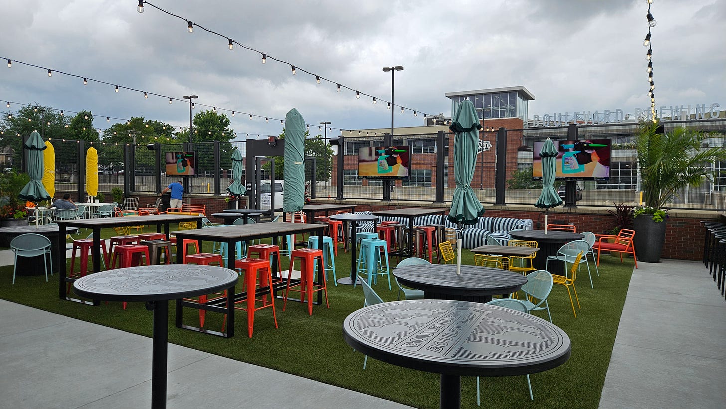 Wider view of the Yard's upper deck showing Boulevard-logo tabletops, mounted screens for watching matches, and the Boulevard Brewing sign on the building behind. Wider view of the Yard's upper deck showing Boulevard-logo tabletops, mounted screens for watching matches, and the Boulevard Brewing sign on the building behind.