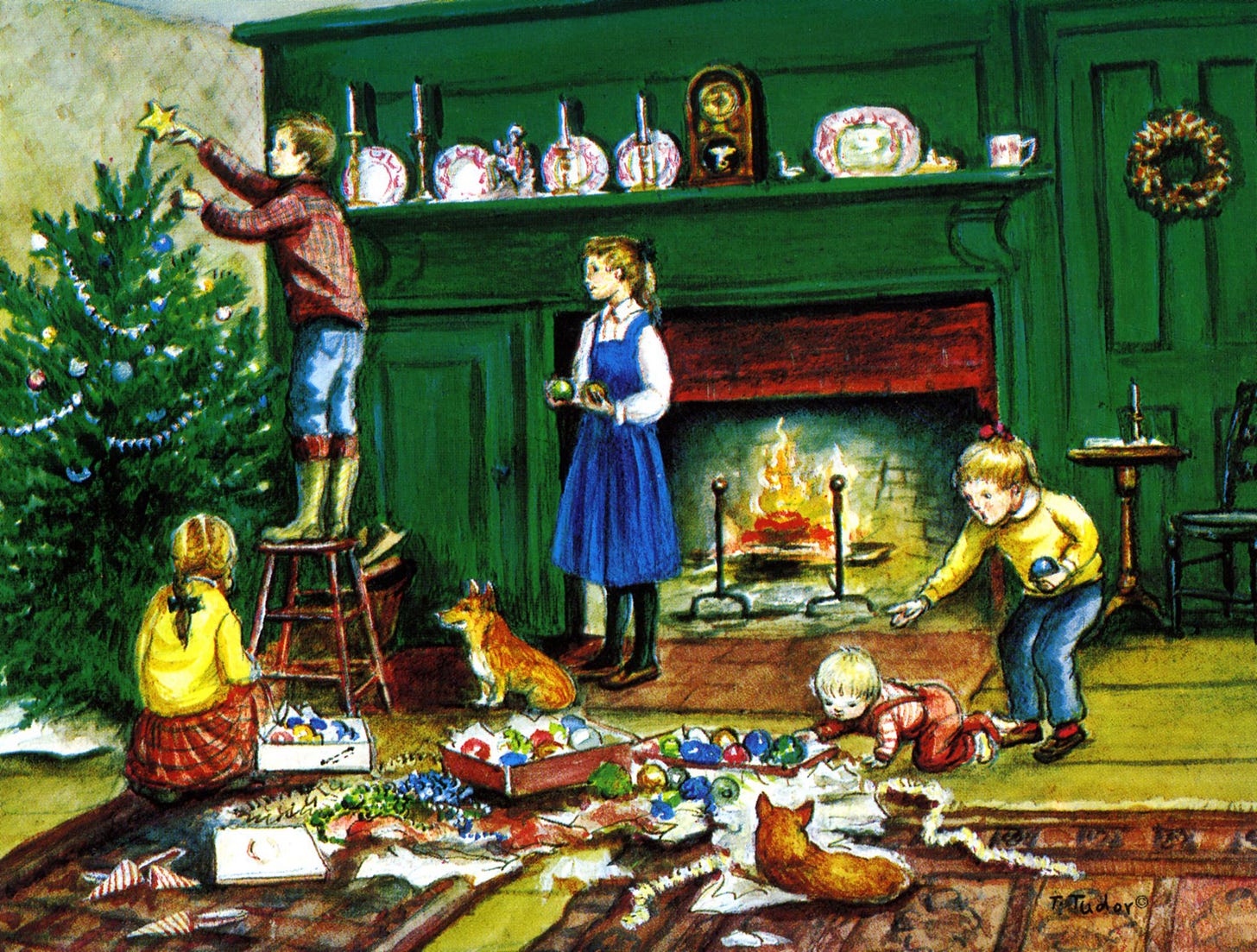REPRINT OF AAG EE19-34DV DECORATING THE TREE CHRISTMAS CARD | Tasha Tudor