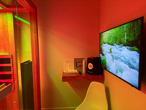 3 photos showing a red-light sauna