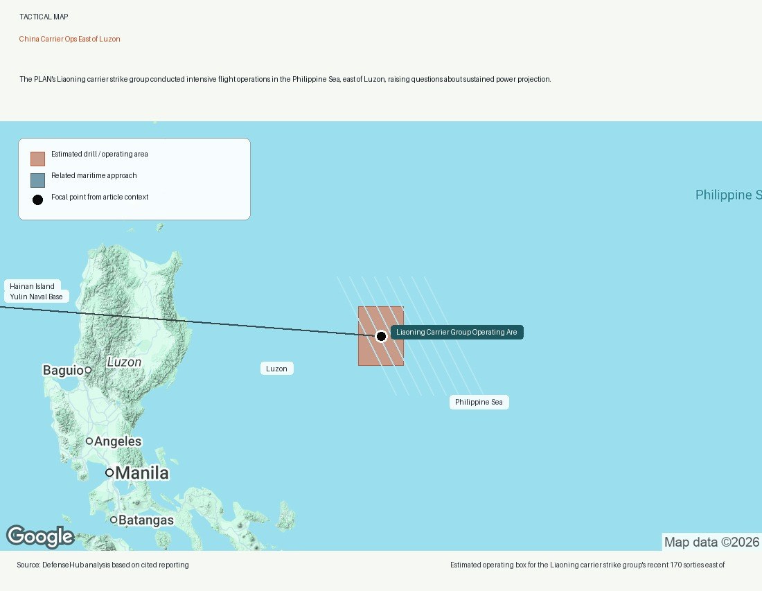 Estimated operating box for the Liaoning carrier strike group's recent 170 sorties east of Luzon, as monitored by Japan.