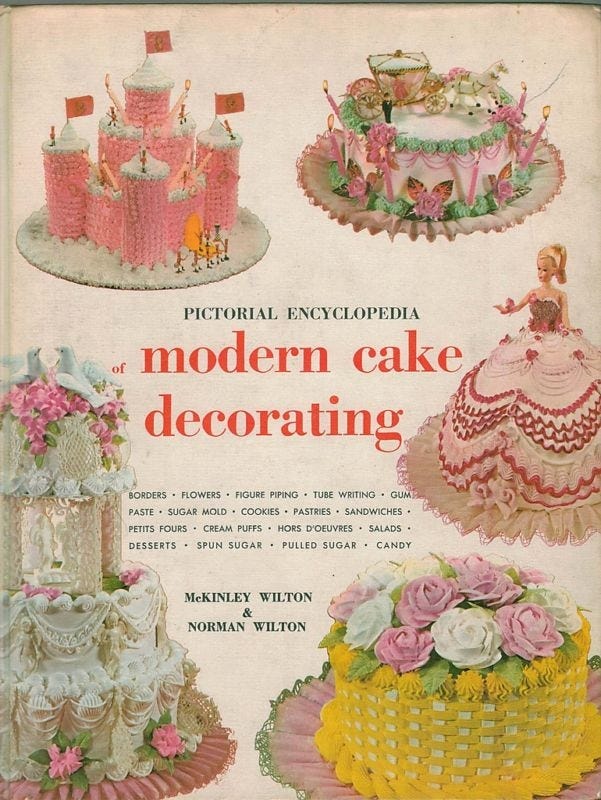 This may contain: an old book with pictures of cakes and other decorative items on it's cover