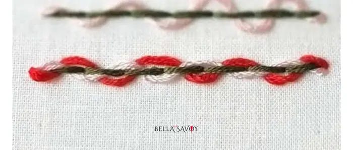 red and green double threaded back stitch on fabric