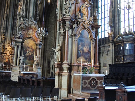 a huge gothic cathedral and photos of altars, sculptures, and architecture inside