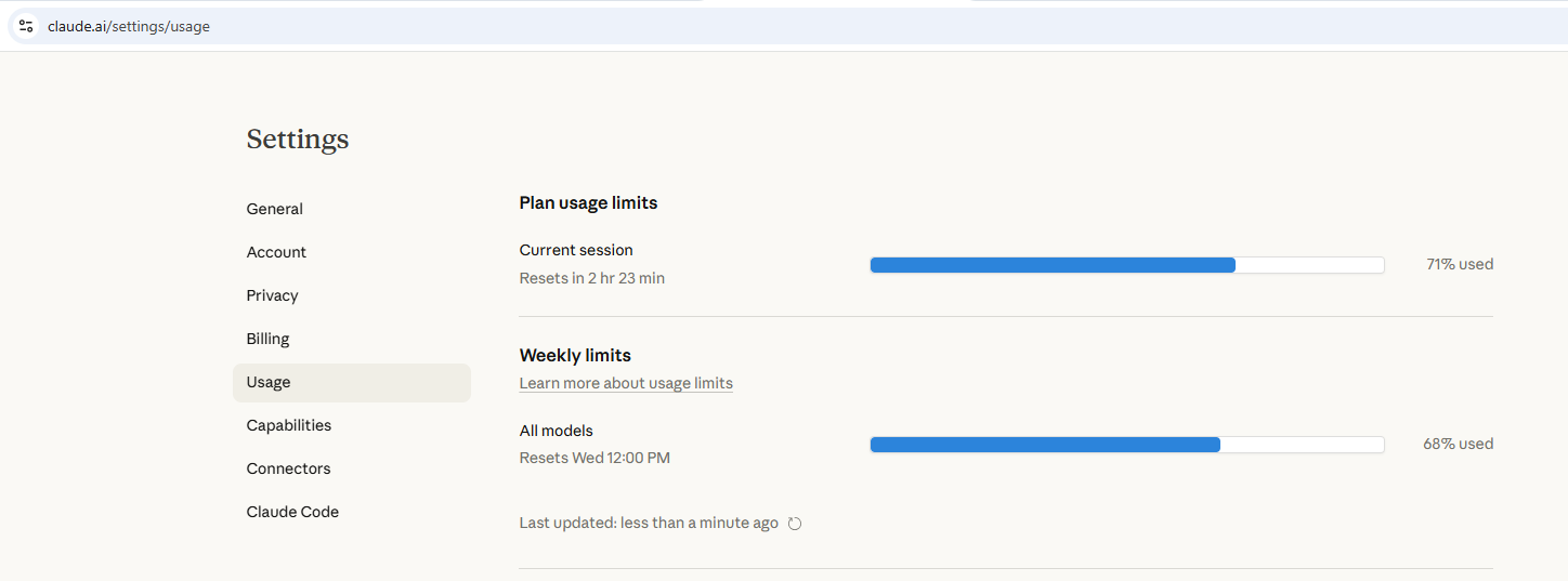 Claude AI usage dashboard showing weekly and daily limits remaining
