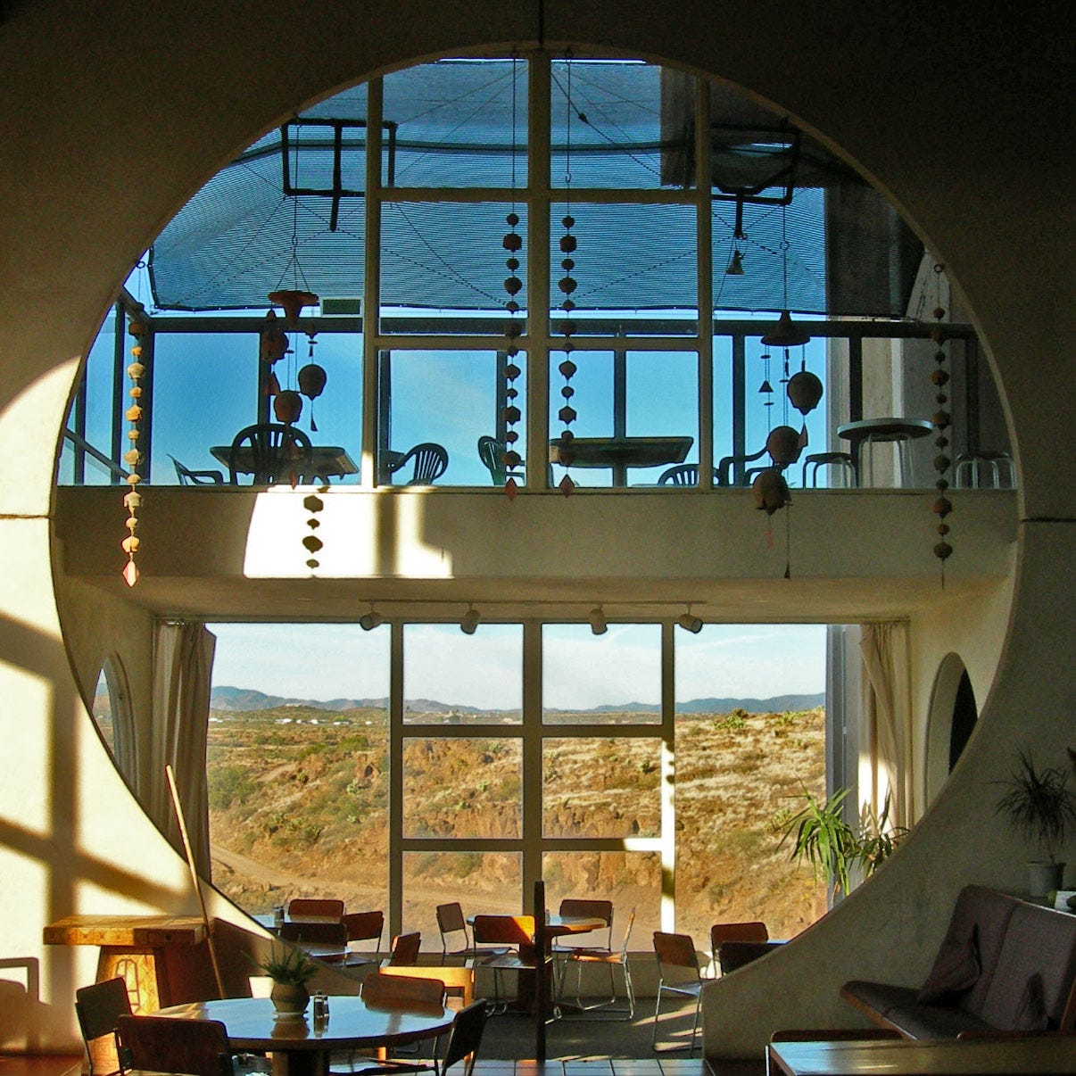 View through a two-storey window at Arcosanti