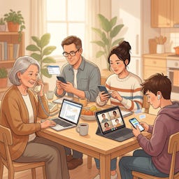 Members of different generations using tech at a table. Members of different generations using tech at a table.