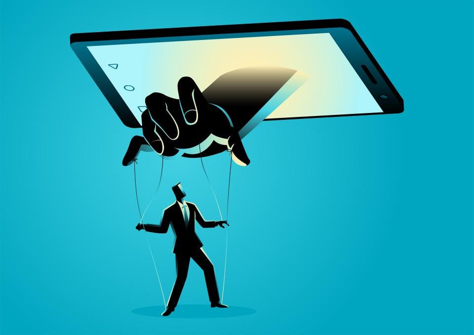 Vector illustration of smart phone controlling man.