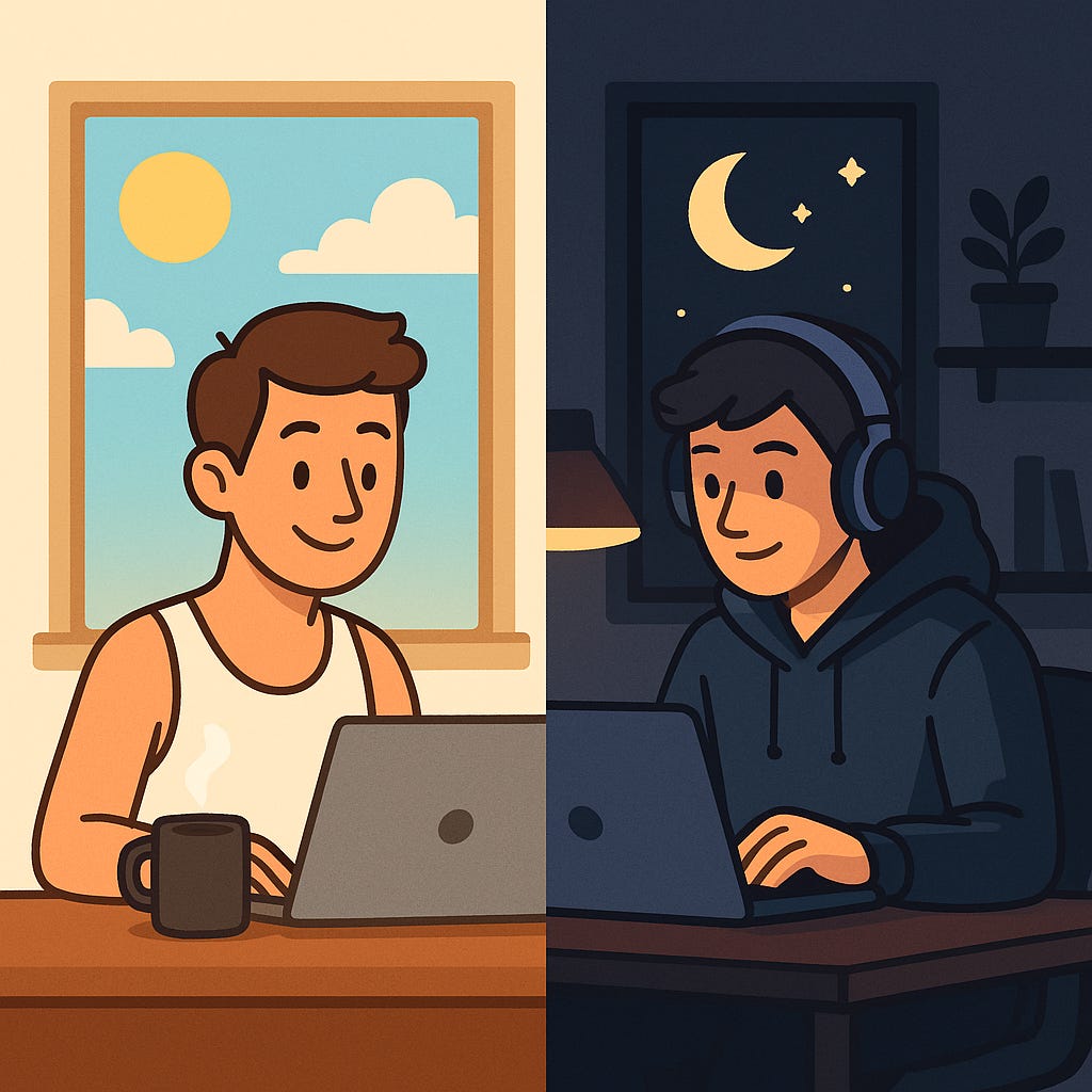 Illustration of two workers, one active in the morning and the other at night, symbolizing flexible schedules.
