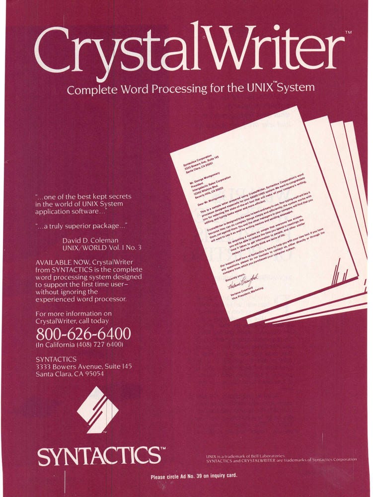 From the November 1984 issue of Unix World