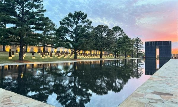A view of the outdoor memorial at the Oklahoma City National Memorial and Museum. A view of the outdoor memorial at the Oklahoma City National Memorial and Museum.