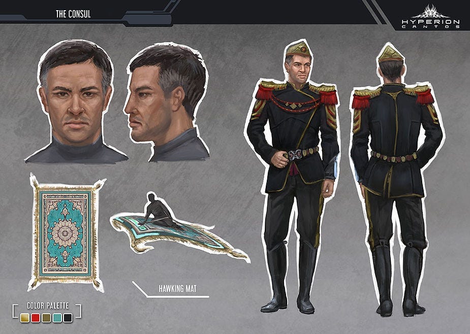 Portraits of a man in uniform with red and gold accents, shown front and side. Nearby, a decorated flying mat labeled “Hawking Mat.”
