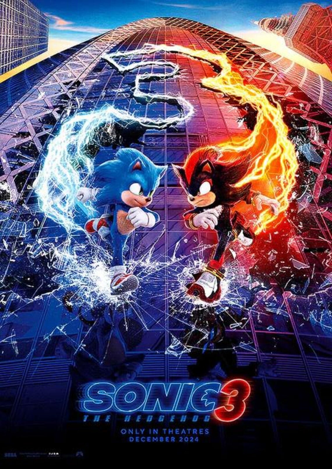 May include: Sonic the Hedgehog 3 movie poster featuring Sonic and Shadow facing each other in a city setting. Sonic is blue with blue electric energy around him. Shadow is black with red fire energy around him. The text reads 'Sonic the Hedgehog 3' and 'Only in Theatres December 2024'.