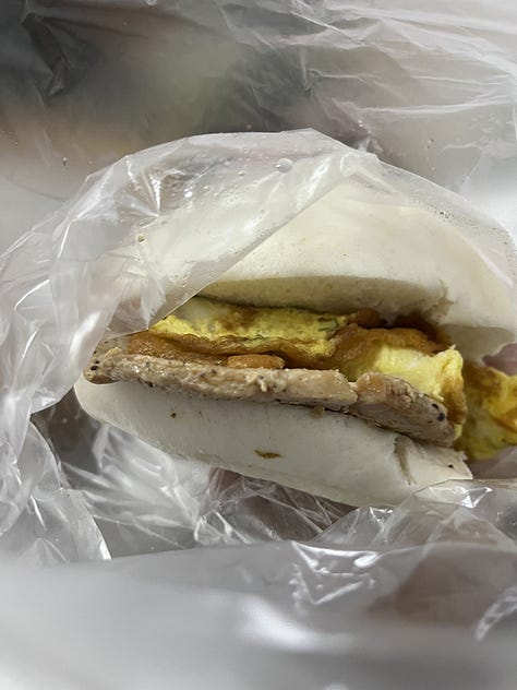 images of taiwanese breakfast: soybean soup, pork buns, steam buns, and egg rolls