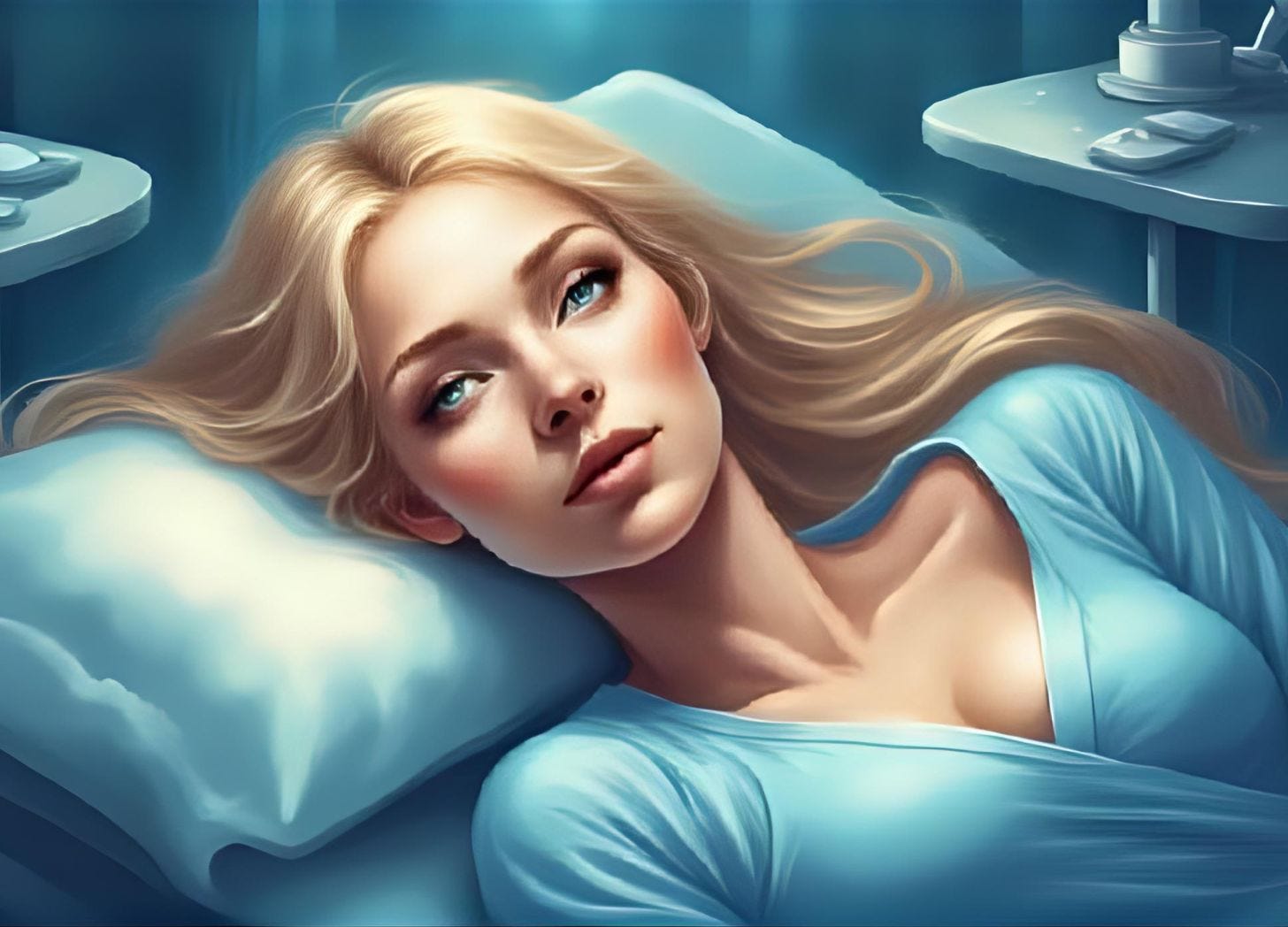 An attractive woman who has long blonde hair and blue eyes lies on a medical table, wearing a medical robe, as she prepares for eye surgery. An attractive woman who has long blonde hair and blue eyes lies on a medical table, wearing a medical robe, as she prepares for eye surgery.