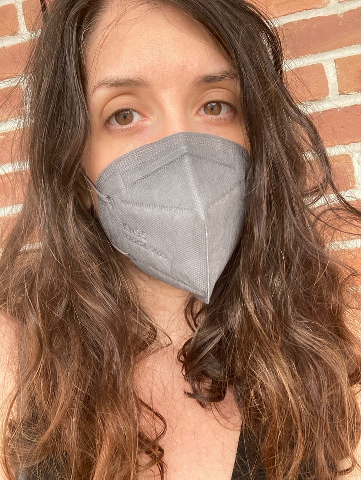 left: selfie of me, wearing a gray KN95 masks.  Right: Photo of the evening sky.  You can see the moon.  The sky is still light blue, and the clouds are lit up pink by the sunset.