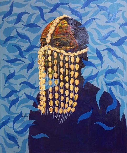 This may contain: a painting of a man with beads on his head in front of blue water waves