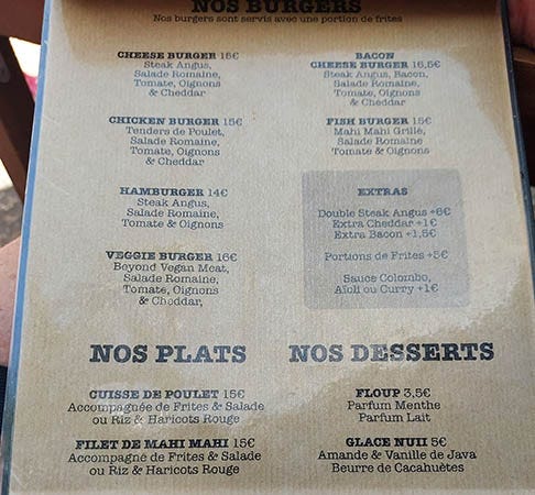 Burger menu and dinner plates Le Select on St. Barth, Caribbean