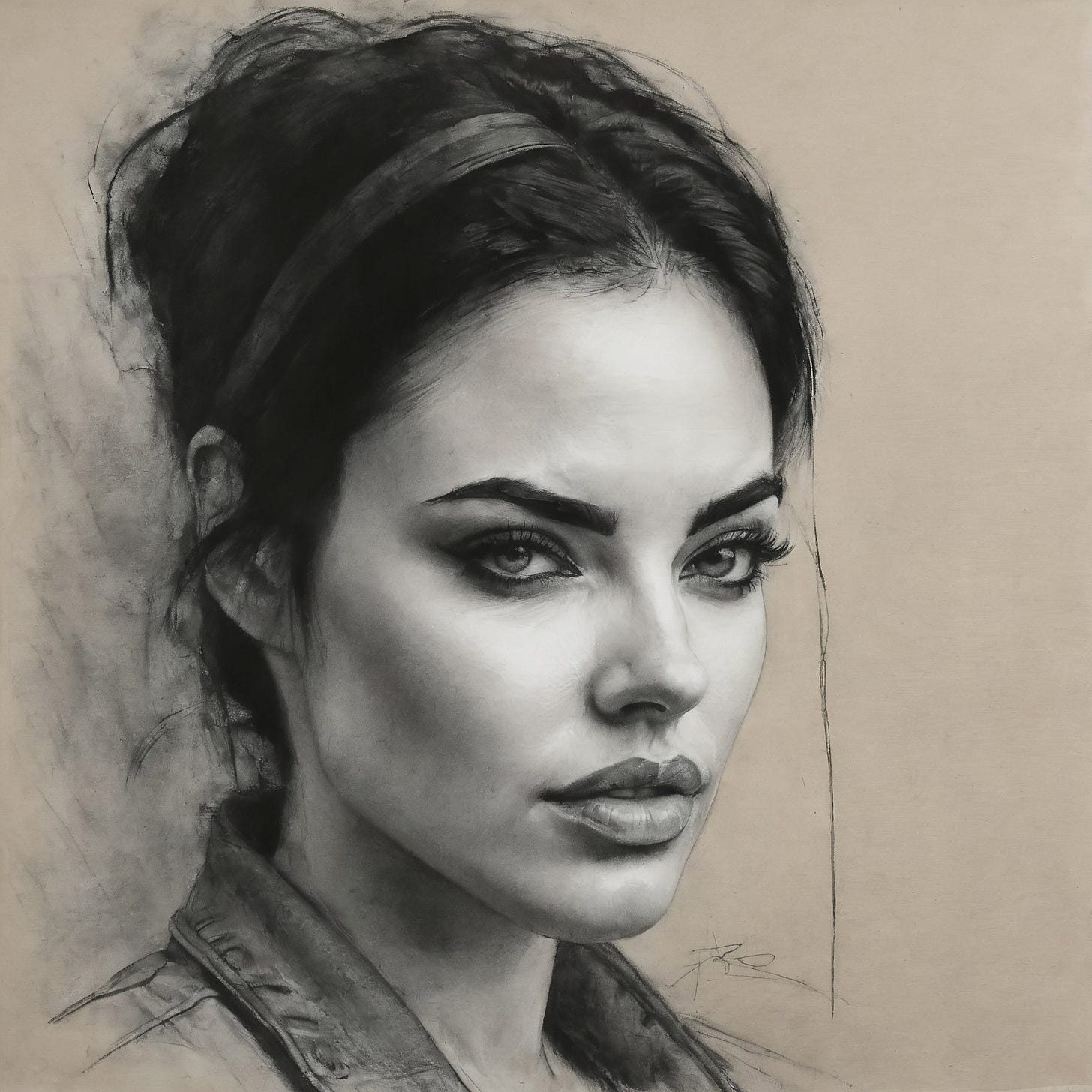 Charcoal drawing portrait of a gorgeous black haired caucasian woman in her 30s, of gaunt cheek and kohl on her eyes.