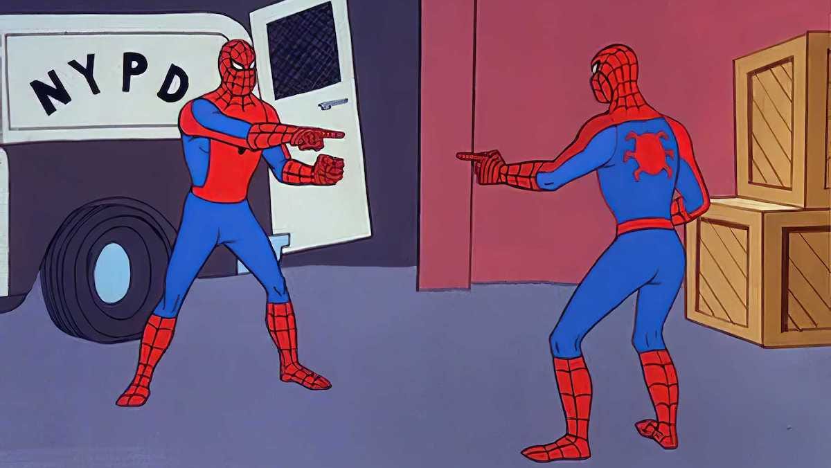 Two Spider-men, pointing at each other.