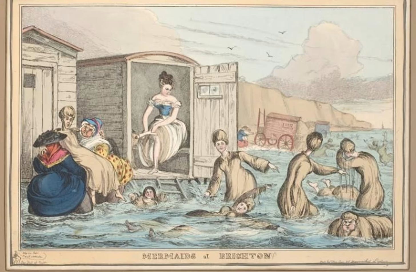 Regency women and dippers coming out of a bathing machine and into the water. 