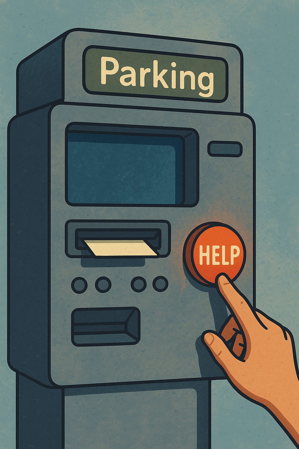 Illustrated parking machine with a glowing red ‘HELP’ button. A human hand is about to press the button