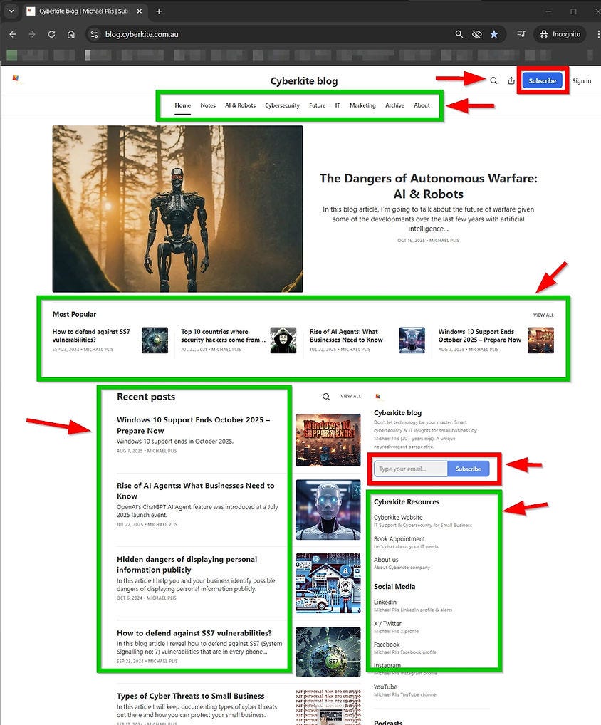 Cyberkite blog webpage featuring an article on AI and robots. Sidebar includes recent posts, subscription box, and resource links. Dark theme.
