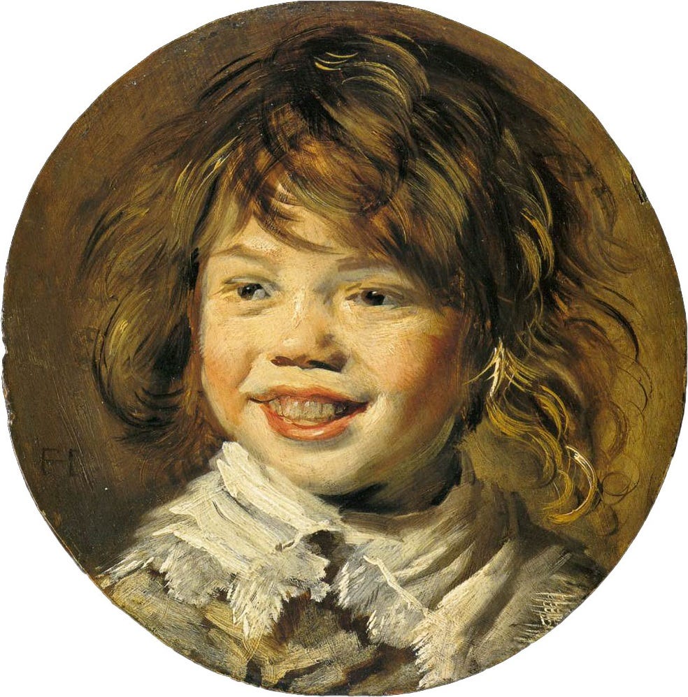 A small child laughs openly, painted with quick, lively brushstrokes A small child laughs openly, painted with quick, lively brushstrokes