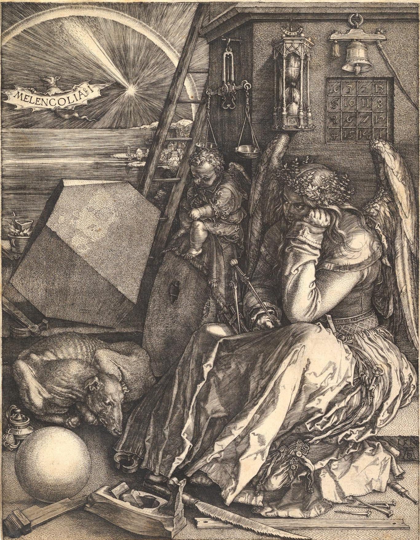 Albrecht's painting is pictured. It's a black and grey scale work, with an angel in the right center. The angel looks bored, and there is a sleeping dog to the left of the angel, with a geometric rock in the background. There are also justice scales, a rainbow, numbers, bells, and a timer in the background.