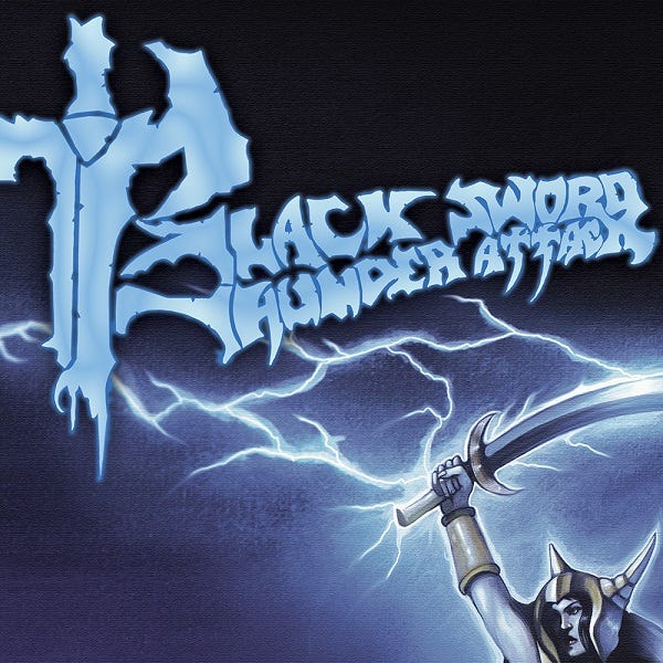 Album cover for the self-titled Black Sword Thunder Attack album. Features a large light blue band logo and a helmeted warrior holding a lightning-summoning sword.