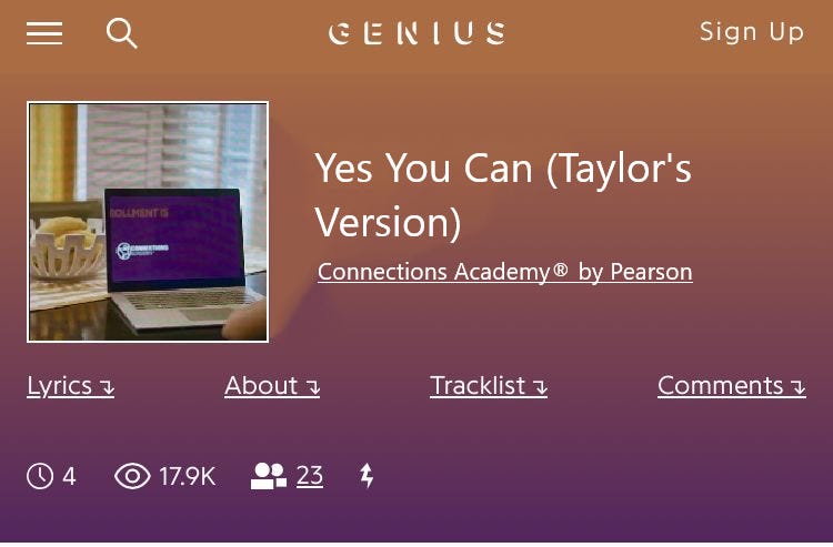 A mockup of a Genius entry for the song "Yes You Can (Taylor's Version)" by Connections Academy.