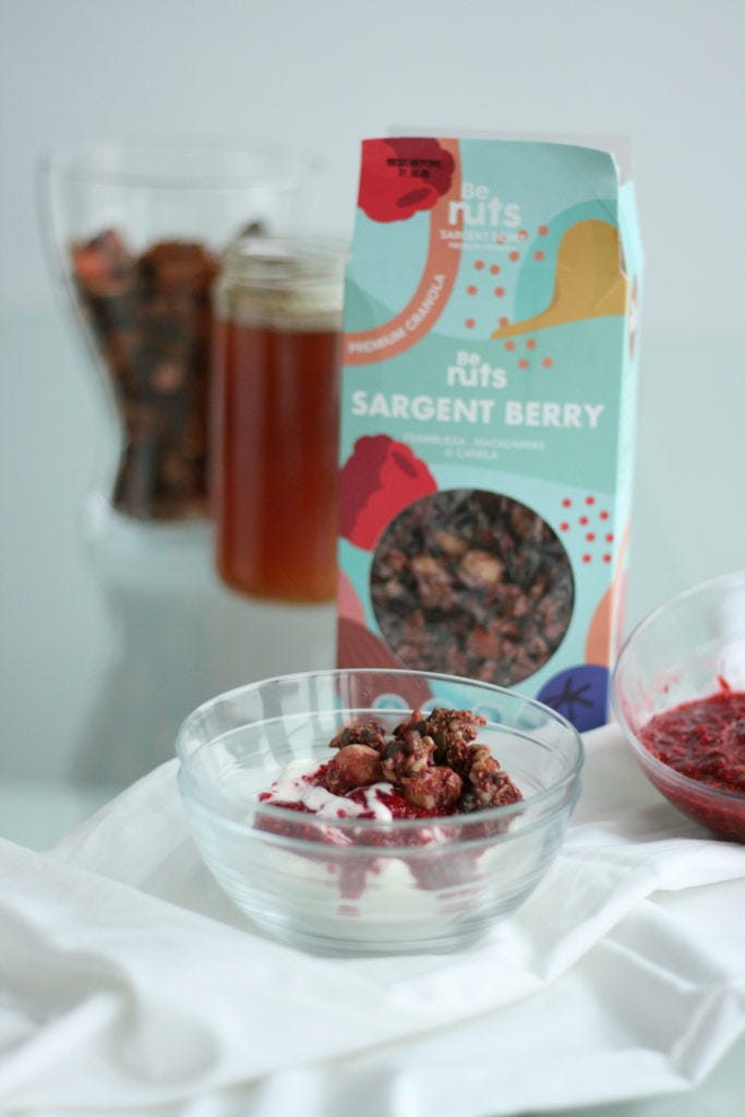 Be Nuts granola makes for the perfect yogurt bowl with local honey and chia raspberry jam.