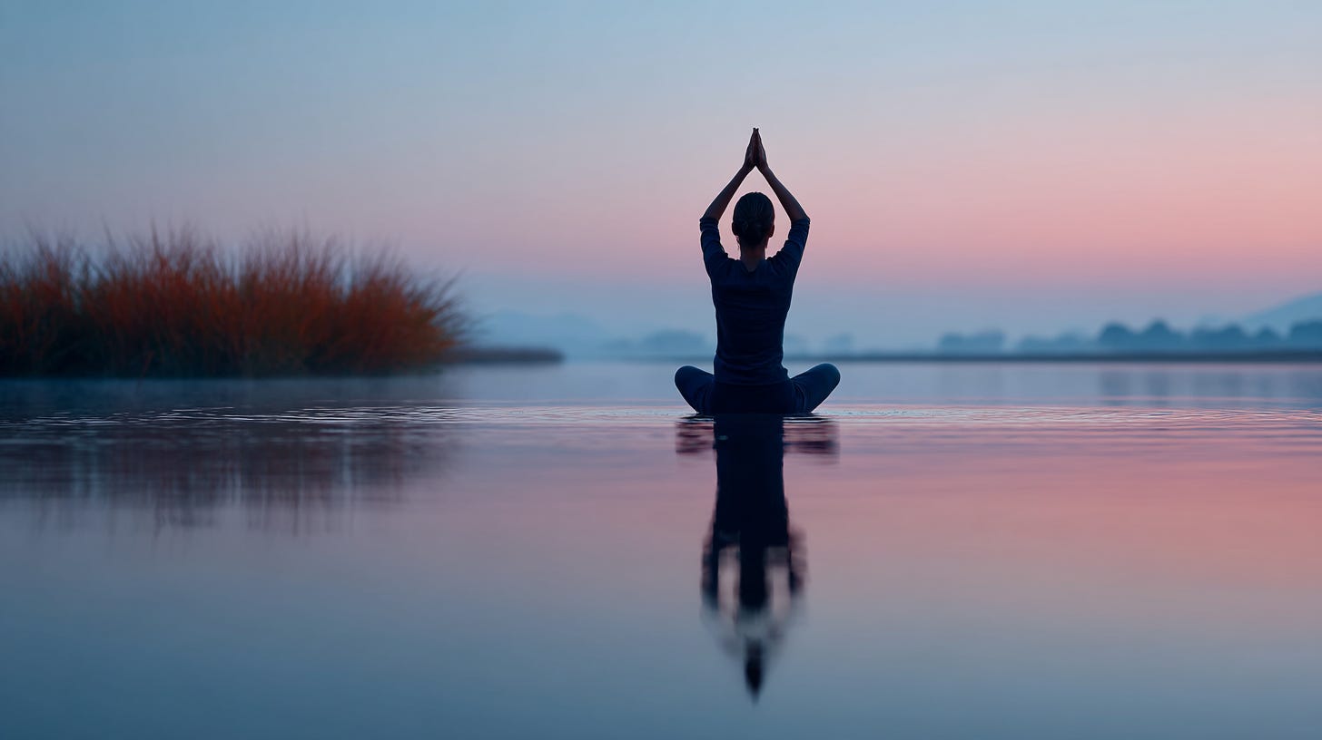 young woman practicing yoga beside a still lake at dawn, mist rolling off the water, soft pink and blue hues, symbol of inner balance and self-realization, eudemonic well-being --ar 16:9 --profile vumoqva --v 7 young woman practicing yoga beside a still lake at dawn, mist rolling off the water, soft pink and blue hues, symbol of inner balance and self-realization, eudemonic well-being --ar 16:9 --profile vumoqva --v 7