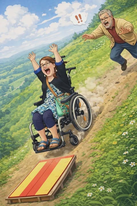A stylised illustration of a woman in a wheelchair speeding down a hill with her arms raised in joy. Behind her, a grey-haired man chases her with an expression of panicked despair—a double exclamation mark above his head. In the foreground is a wooden ramp with a yellow and red surface; it has no slope for access and no side rails. This illustrates a physical barrier that would be impassable for the wheelchair user.