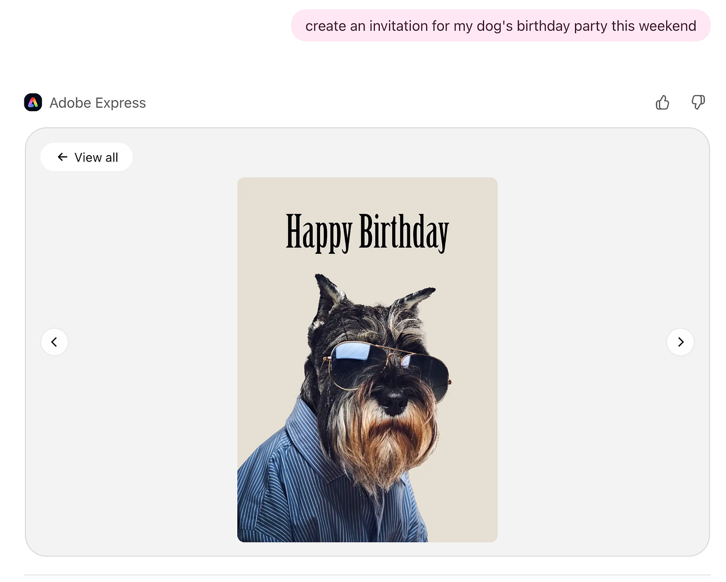 A screenshot of Adobe Express inside ChatGPT showing a “Happy Birthday” card template featuring a stylized dog wearing sunglasses and a blue shirt, generated as a design option for an invitation.