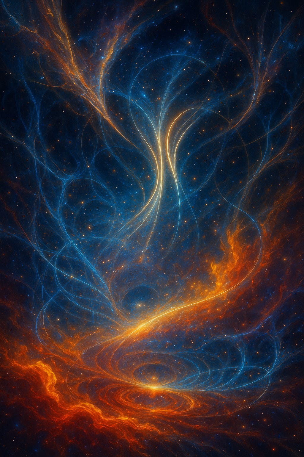 A vibrant cosmic artwork depicting swirling plasma clouds in deep space, with luminous golden filaments weaving through fiery red and cool blue nebulae. Radiant light streams rise upward like threads of energy, while countless stars sparkle across the background, creating an immersive sense of infinite depth and celestial wonder.