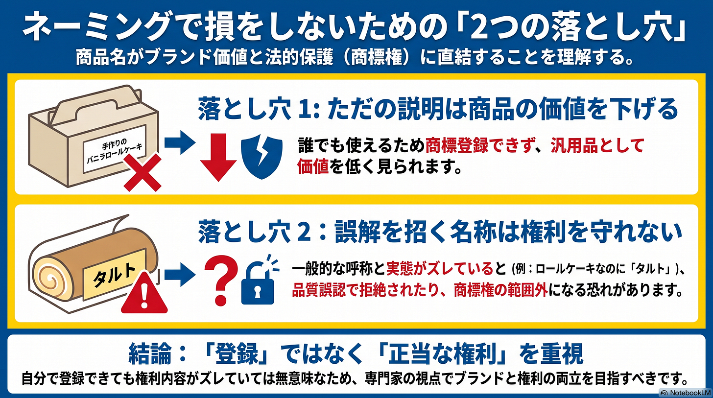 説明しただけの名前は識別力がなく登録できない/商品名を取り込んだ名前は登録できても権利がすれ違う、という2つの落とし穴を並べた図解 説明しただけの名前は識別力がなく登録できない/商品名を取り込んだ名前は登録できても権利がすれ違う、という2つの落とし穴を並べた図解